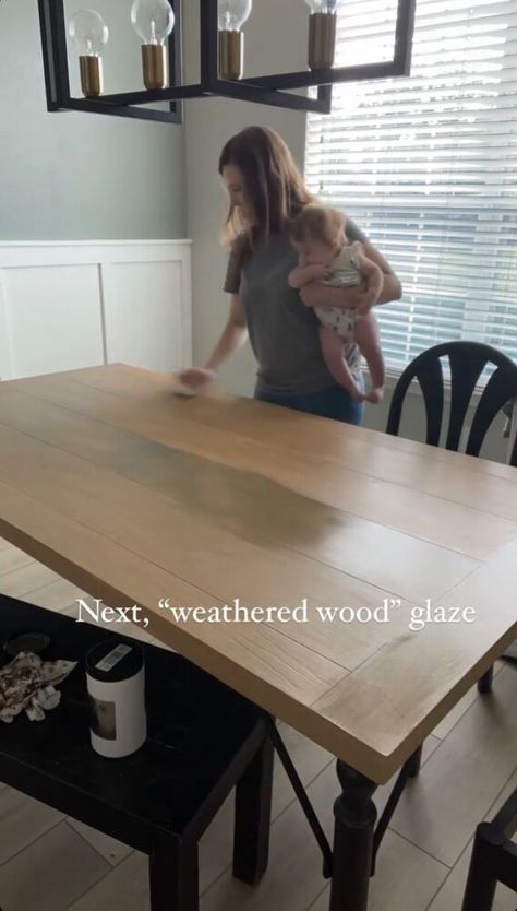 I discovered this game changing product that helped me makeover a veneer table top! My dining room table has been around the block and last year I attempted to refinish it. I started sanding and realized it wasn't real wood when I burned right through to the MDF. I was able to fix it with a dark gel stain but I always wished I could somehow make it lighter. Then I discovered Retique It Liquid Wood My previously dark table After! Liquid Wood is a paintable layer of 66% recycled re… Light Stain Dining Table, Bleached Wood Table Top, Painting Wood Dining Table, Dining Table Dark Legs Light Top, Rectangle Kitchen Table Makeover, Mission Style Table Makeover, Wood Table Stain Colors, Stain For Kitchen Table, Black Table Legs With Stained Top