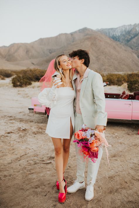 Vegas Wedding Aesthetic Bridesmaid, Pastel Wedding Photography, 80s Vegas Wedding, Boho Disco Wedding, Vegas Wedding Photos, Pink Veil, Pink Convertible, Alaska Wedding, Stamp Of Approval