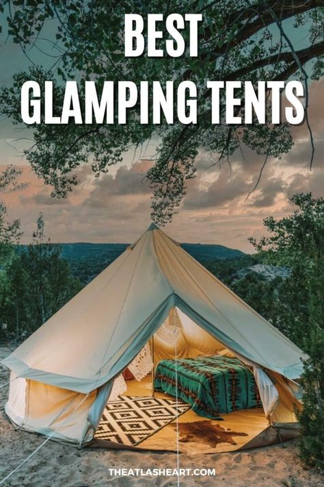 A canvas bell tent at dusk in a sandy, wooded clearing, with the text overlay, "Best Glamping Tents." Bonito, Glamping Tent Ideas, Tree Tent Camping, Canvas Tent Camping, Glamping Inspiration, Luxury Camping Tents, Tents Camping Glamping, Bell Tent Camping, Habits Of Successful Women