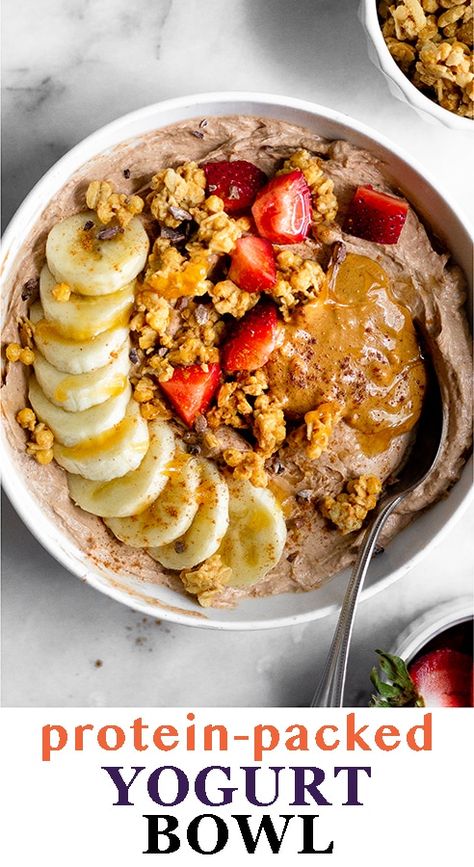 This chocolate peanut butter protein yogurt bowl recipe makes an easy and healthy breakfast or snack! You only need a few ingredients and 5 minutes to make a healthy yogurt bowl packed with protein, healthy fat, and carbs. Top with toppings of choice! Yogurt Bowl Ideas, Breakfast Yogurt Bowl, Yogurt Bowl Recipe, Yogurt Breakfast Bowl, Breakfast Yogurt, Yogurt Bowls, Protein Yogurt, Yogurt Breakfast, Healthy Yogurt