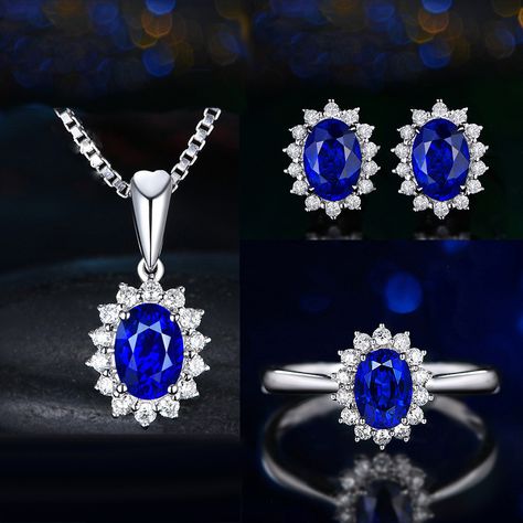 Blue Sapphire Jewelry Set, Sapphire Jewelry Set, Blue Sapphire Jewelry, Silver Jewellery Sets, Sapphire Color, Cluster Necklace, Jewellery Set, Oval Cut Diamond, Girls Jewelry