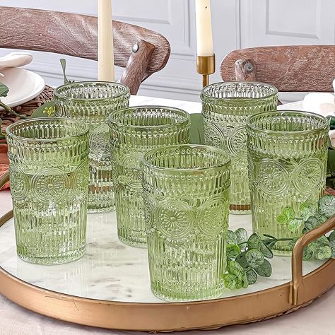 Green Drinking Glasses, Floral Garden Party, Retro Texture, Baby Gift Shop, Glass Cup Set, Iced Green Tea, Vintage Boho Fashion, Circular Pattern, Vintage Texture