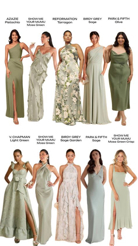 Mixed Green Bridesmaid Dresses, Mismatched Green Bridesmaid Dresses, Mixed Bridesmaid Dresses, Bridesmaid Dress Color Schemes, September Wedding Colors, Sage Green Wedding Theme, Mix Match Bridesmaids Dresses, Wedding Theme Color Schemes, Olive Green Bridesmaid Dresses