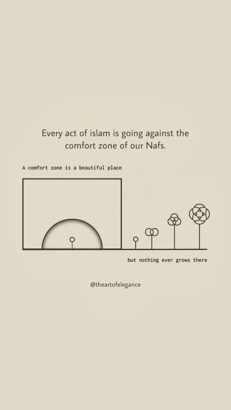 Every act of islam is going against the comfort zone of our Nafs (self/desires). Life is all about learning. So step out of your comfort zone and learn. Had the Companions of the Prophet (peace be upon him) restricted themselves to the comfort zone, Islam would not have reached the golden age! #islam #quran #sunnah #akhlaq #manners #mindset #morals #ethics #etiquette #deen #akhirah #mindsetiseverything #instastory #allah #islamicquotes #thecomfortzone #comfortzone Golden Age Islam, Going Out Of Your Comfort Zone, Islam Is Peace, Islam Is The Way Of Life, Step Out Of Your Comfort Zone, Nafs Islam Quotes, Nafs Islam, Islamic Affirmations, Golden Age Of Islam