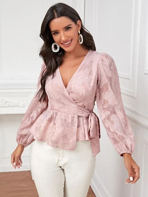 Puff Sleeve Self Tie Wrap Blouse | SHEIN USA Wrap Blouse Outfit, Blouse Casual Fashion, Fashion Tops Blouse, Chiffon Long Sleeve, Spring Women, Women Blouses, Blouse Outfit, Wrap Blouse, Dressy Casual