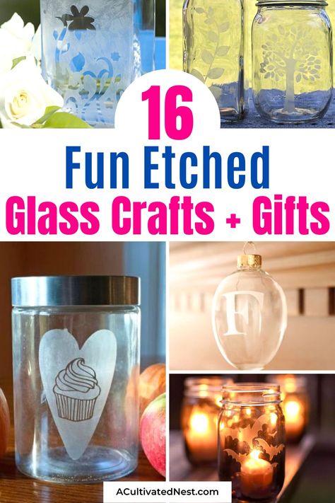 16 Fun Etched Glass Crafts- Want to try a new hobby or make some homemade gifts for your loved ones? Check these fun etched glass crafts for something new to try! | how to etch glass, #diyGifts #craft #homemadeGifts #diyProjects #ACultivatedNest Simple Glass Etching Designs, Etched Glass Wedding Gift Ideas, Etch Glass Diy, Etched Glass Ideas, Glass Etching Ideas, Engraving Glass Diy, Etching Glassware Diy, Etched Mason Jars, Glass Etching Gifts