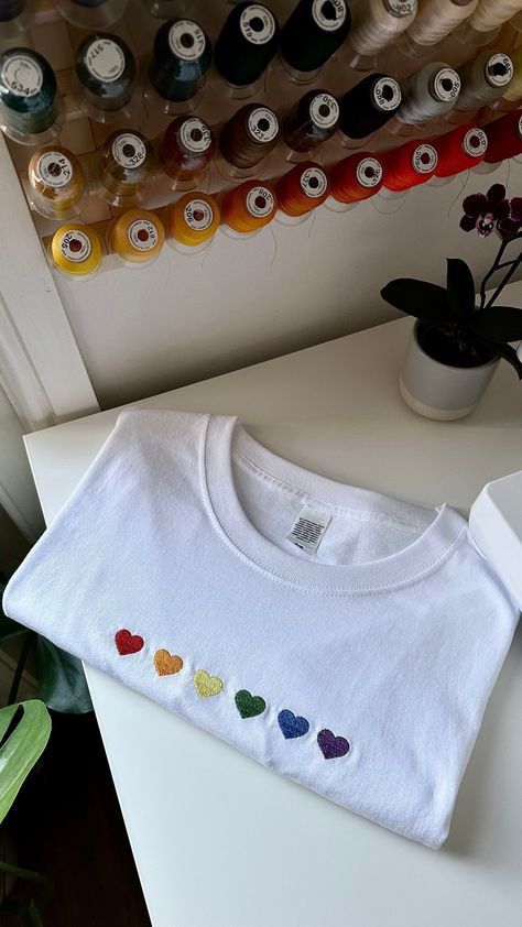 Custom Pride Heart Embroidery T-Shirt/Sweater Hearts Embroidery, Rainbow Tshirt, Embroidered Apparel, Pride Heart, Embroidery T Shirt, Colorful Hearts, Heart Embroidery, Pride Outfit, Shirt Sweater