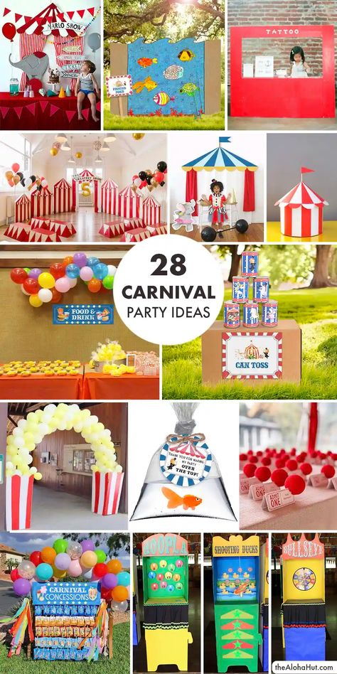 28 Awesome Carnival Party Ideas with a list of the best carnival games. Ideas for how to set up carnival booths and carnival tents. We've got lots of fun carnival ideas: popcorn garland, carnival concessions, carnival food, carnival signs, carnival decorations. Easy DIY carnival games: BINGO, scavenger hunt, mini golf, duck pond, fishing, carnival tattoos, carnival bean bag toss, duck games. Plus lots of ideas for the best carnival prizes and party favors. Carnival Games To Make, Duck Carnival Game Diy, Carnival Theme Booth Ideas, Diy Backyard Carnival Games, Carnival Favor Ideas, Carnival Party Diy Decorations, Carnival Theme Games For Kids, Carnival Themed Party For Adults, Carnival Games At Home