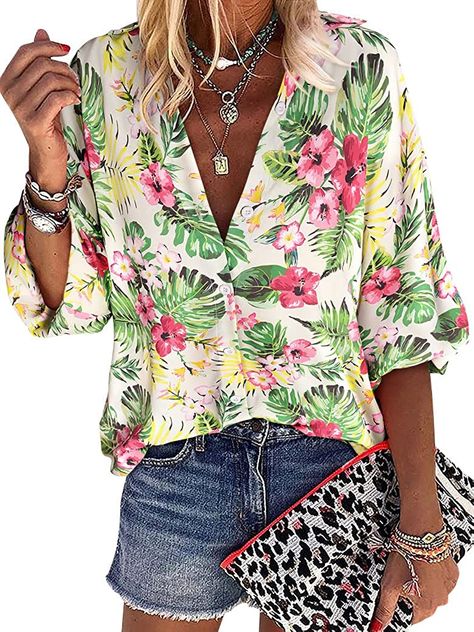 ZXZY Women Pineapple Printed Lapel Collar Half Sleeves Buttons Down Blouse Shirt at Amazon Women’s Clothing store Bonito, Shirts For Women Graphic, Pineapple Graphic, Beach Tshirt, Printed Blouses, Beach Office, Pineapple Shirt, Cute Tops For Women, Oversized Tees