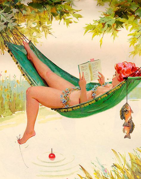 Pin Up, Fishing, Art, Duane Bryers, Pinup Art, Vintage Pin Up, Hammock