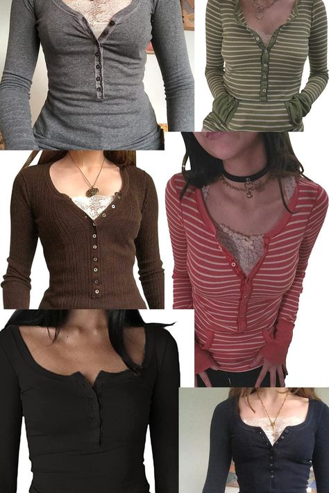 Tops For Women Y2k, Long Sleeve Gray Shirt Outfits, Long Sleeve Henley Top, Y2k Shirts Long Sleeve, Henley Tops Aesthetic Outfit, Where To Get Long Sleeve Shirts, Long Sleeve With Lace Top Under, Pretty Outfits For Winter, Y2k Longsleeves Outfit