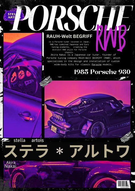 A graphic poster of Rwb Stella Artois Porsche Rwb, Rauh Welt, Cars Brand, Vaporwave Wallpaper, Classic Japanese Cars, Japanese Poster Design, Wide Body Kits, Porsche 930, Vintage Poster Design