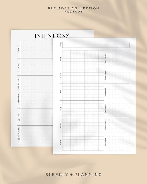 Get ready to supercharge your goal-setting with the Pleiades Intention Setting Insert. This page is organized into 6 key areas to help you reflect on your overall wellness: mind, body, creativity, connection, space, and resources. Once you've written down your aspirations for each category, you can break them into smaller steps and give each one a realistic time frame. Don't forget to celebrate the small victories! // FEATURES: - Undated layout: Start whenever you like and use it with the frequency that suits you - yearly, monthly, weekly, or daily. - Cost-effective: Save money with a one-time purchase and print as many copies as you need. - Grid design: This page was crafted on a 5-millimeter / 0.20-inch grid. - Minimal look: Make it your own with stickers, washi tape, and planner cards t Planner Pages, Setting Intentions, The Pleiades, Intention Setting, Planner Inserts Printable, Free Planner, Grid Design, Planner Inserts, Goal Setting