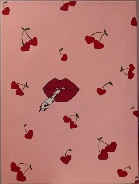 Pink Themed Canvas Painting, Heart Cherry Painting, Pink And Red Canvas Painting, Cute Painting Easy Ideas, Cherry Acrylic Painting, Heart Canvas Painting Ideas Easy, Easy Heart Paintings On Canvas, Easy Cherry Painting, Easy Valentine Canvas Painting Ideas