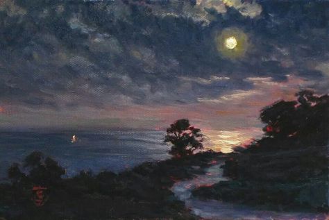 Ethereal Art Landscape, Moon Painting Landscape, Moon X Ocean, Surrealism Painting Landscape, Night Sky Landscape Painting, Fairytale Landscape Painting, Moon Paintings Aesthetic, Moon And Ocean Painting, Oil Beach Painting