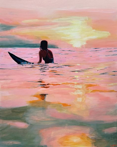 Surfing at sunset by TeMoana . Free Woman Painting, Photos To Paint Inspiration Photographs, Woman Ocean Art, High Quality Paintings, Surfing Watercolor Paintings, Surfing Painting Ideas, Surf Painting Acrylic, Surf Acrylic Painting, Water Sunset Painting