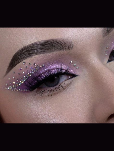 Lavender Eye Makeup Looks, Purple Rhinestones Makeup, Purple Graphic Liner Looks, Rhinestone Makeup Purple, Lavender Rave Makeup, Purple Makeup Looks Glitter, Birthday Makeup Looks Purple, Purple And Sliver Makeup, Purple Makeup For Wedding