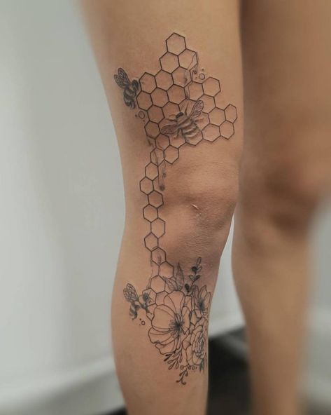 Bee Hive Tattoo, Hive Tattoo, Front Thigh Tattoos, Tatoo Neck, Honeycomb Tattoo, Theme Tattoo, 4 Tattoo, Elbow Tattoos, Tattoos Geometric