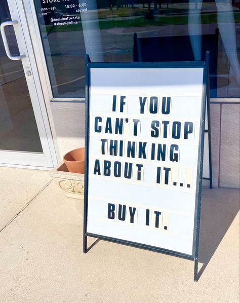 Sidewalk Sale Sign, Business Signs Outdoor Signage Boutique, Cute Sayings For Boutique Signs, Funny Retail Quotes, Funny Boutique Quotes, Shop Small Chalkboard Signs, Thrift Store Signage, Funny Boutique Chalkboard Signs, Sale Chalkboard Sign Ideas