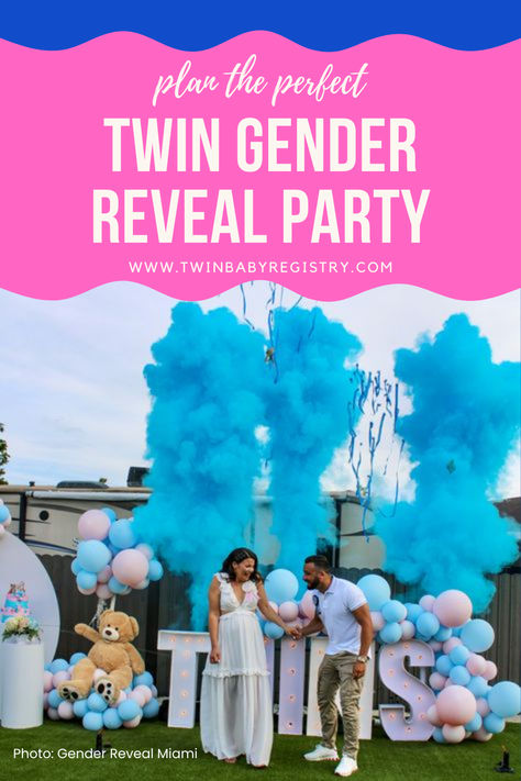 Plan the twin gender reveal party of a lifetime! Twice the pink, twice the blue, and twice the fun! We're sharing more than 30 creative ways to announce your twins. #twins #twingenderreveal #twingenderrevealideas Gender Reveal Twins Ideas, Twin Gender Reveal Themes, Twins Gender Reveal Ideas, Twin Gender Reveal Ideas, Twin Gender Reveal Party, Twin Announcement, Twins Announcement, Gender Reveal Party Ideas, Reveal Party Ideas