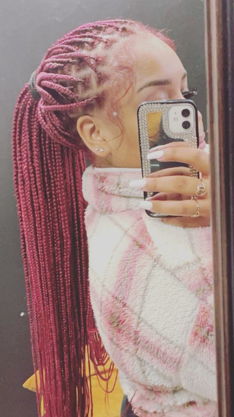 Dyed Hair With Knotless Braids, Maroon Box Braids Black Women, Burgundy Knotless Box Braids With Curls, Braided Hairstyles Burgundy, Magenta Knotless Braids, Small Burgundy Knotless Braids, Medium Burgundy Knotless Braids, Burgundy Small Knotless Braids, Burgundy Knotless Braids Boho