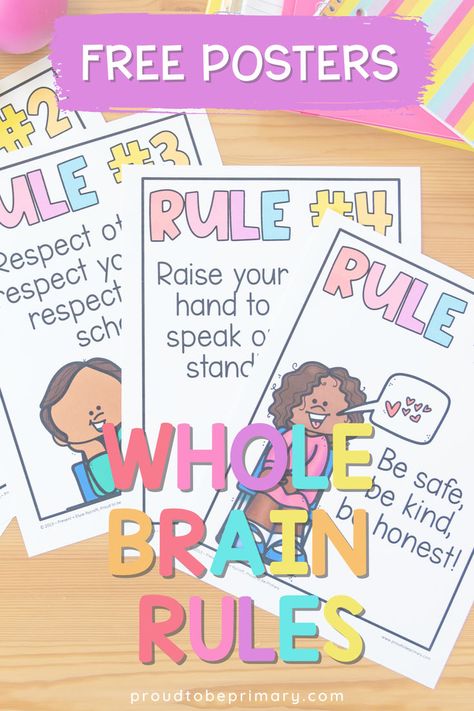 Teach kids classroom rules and build classroom management with the FREE Whole Brain rule posters for kindergarten, first grade, and second grade classrooms. This post includes tips on implementing whole brain learning. Kindergarten Class Rules, Elementary Classroom Rules, Posters For Kindergarten, Kindergarten Classroom Rules, Whole Brain Teaching Rules, Classroom Promise, Kindergarten Rules, Teaching Classroom Rules, Preschool Rules