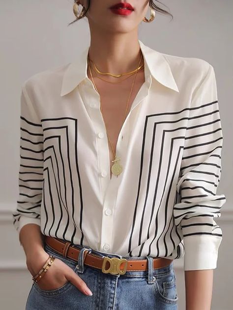 Striped Shirt Collar Urban Blouse | stylewe Loose Striped Shirt, Shirt Collar Pattern, Striped Shirt Women, Daily Shirt, Stripe Outfits, The Office Shirts, Chiffon Fashion, Collar Blouse, Office Ladies