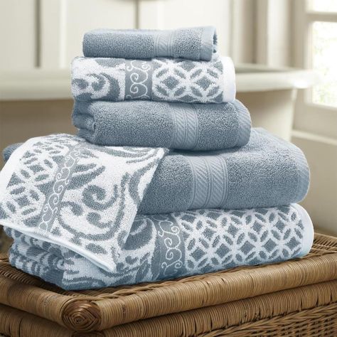 This set is the perfect complement to any bathroom. Bath- 27x54, Hand- 16x28, Wash-13x13 inch. Oeko-Tex® certified, the definitive mark of excellence for products that are healthy for you and healthy for the environment. Features a yarn-dyed jacquard weave. 500 gsm. Amrapur Overseas 6-Piece Cotton Bath Towel Set in Blue | 5JQYDTLG-TFB-ST Twist Weave, Towel Sets, Linen Store, Cotton Hand Towels, Turkish Cotton Towels, Cotton Bath Towels, Bath Sheets, Grey Bathrooms, Jacquard Pattern