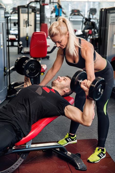 Gym woman exercising with her personal trainer by Serovphoto on @creativemarket Fitness Modeling Photography, Personal Trainer Aesthetic, Personal Trainer Photoshoot, Health Couple, Woman Exercising, Fitness Shoot, Gym Couple, Indoor Gym, Gym Trainer