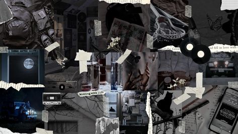 collage of dark and grungy images held together with tape and newspaper scraps Y2k Aesthetic Wallpaper Dark, Grunge Laptop Wallpaper, Y2k Wallpaper Black, Mac Wallpaper Desktop, 2000s Wallpaper, Y2k Aesthetic Wallpaper, Light Grunge, Punk Wallpaper, Laptop Wallpaper Desktop Wallpapers