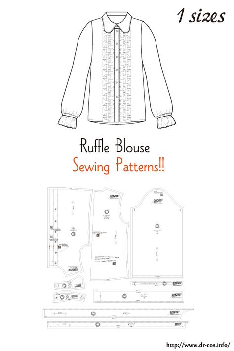 Sew Ins, Molde, Ruffle Blouse Pattern, Shirt Blouse Pattern, Blouse Pattern Free, Ruffle Pattern, Japanese Sewing Patterns, Crochet Stitches Diagram, Girls Dress Sewing Patterns