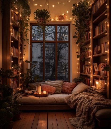 Reading Nooks, Cozy Reading Room, Cozy Home Library, Cozy Library, Home Library Design, Bedroom Decor Cozy, Led Fairy Lights, Cozy Room Decor, Dream House Rooms