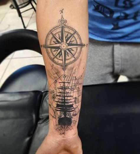 Nautical Star Tattoos, Pirate Tattoo, Tato Lengan, Compass Tattoo Design, Nautical Tattoo, Geniale Tattoos, Ship Tattoo, Weird Tattoos, 문신 디자인