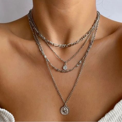 Coin With Figurehead Charm Layered Pendant Necklace. New. Comes With Gift Bag And Gift Box. Length 41.5 Cm Stacked Silver Jewelry, Necklace Stacking Silver, Silver Necklace Stack, Boutique Packaging, Jewelry Formal, Free People Necklace, Lili Claspe, Zara Jewelry, Formal Jewelry
