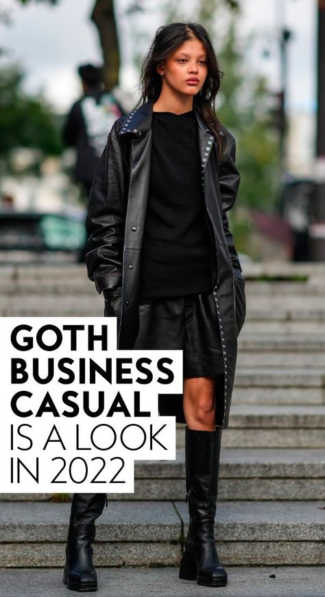 Welcome to the dark side. Goth can be chic and business casual at the same time. Who doesn't love an edgy outfit moment? #style #ootd #fashion Business 2023 Outfits, Business Grunge Aesthetic, Edgy 2023 Fashion, Edgy Fashion Over 40, Edgy Grunge Fashion, Rock Style Office Work Outfits, Dressy Punk Outfits, Business Casual Rocker Chic, 40 Year Old Goth Women