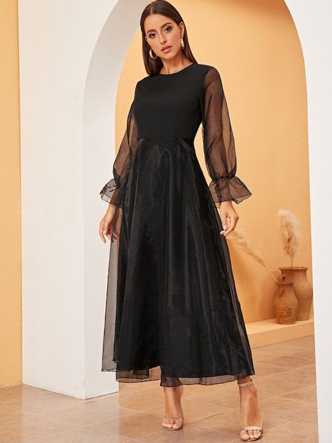 Fit and Flare Organza Sleeve and Hem Dress | SHEIN Dress Organza Hijab, Black Glamour Dress, Organza Sleeves Dress, Organza Dress Hijab, Dress Sifon, Sifon Dress, Black Modest Dress, Organza Sleeves Style, Black Dress Design