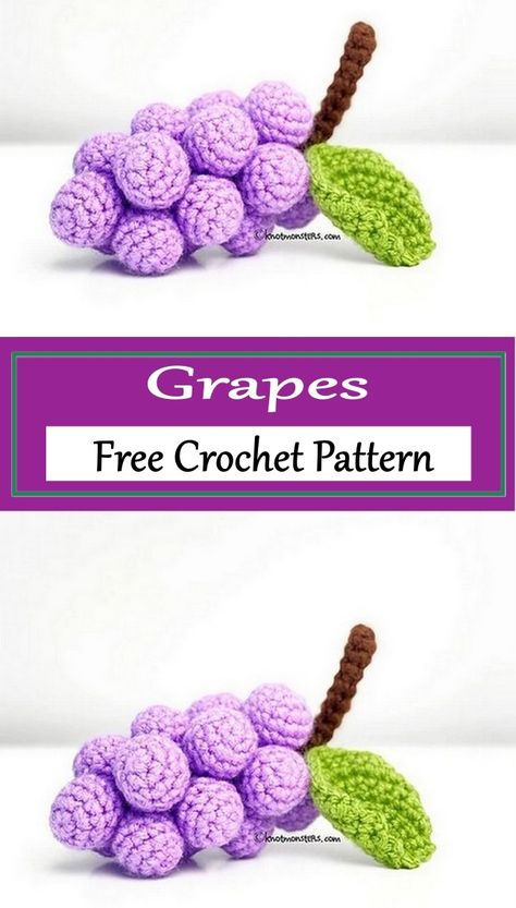 Free Crochet Grape Patterns Amigurumi Patterns, Grapes Crochet Free Pattern, Crochet Grapes Pattern, Raspberry Crochet Free Pattern, Wine Crochet Pattern, Crochet Grape Leaves, Free Food Amigurumi Patterns, Grape Crochet Pattern Free, Crochet Fruit Free Pattern