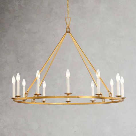 This 12-light large Candle style chandelier features durable wrought iron and hand-painted gold/brass finish. Lighting Above Kitchen Island, Table And Kitchen Island, Wagon Wheel Light, Dimmable Chandelier, White Candle Sticks, Lake House Kitchen, Industrial Style Decor, Wheel Chandelier, Gold Candle