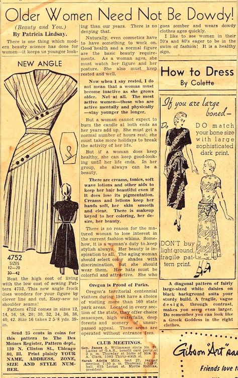 Older women need not be dowdy!   1948 newspaper fashion column Old Fashion Newspaper, Newspaper Fashion Design, 1940s Newspaper, 1948 Fashion, Fashion Newspaper, Fashion Design Men, Newspaper Fashion, Food Rations, Beauty Science