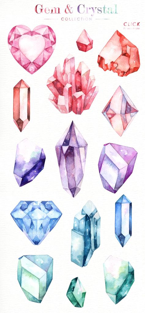 Gem & Crystal Watercolor Collection by everysunsun on @creativemarket Crystal Watercolor, Crystals Art Drawing, Zwilling Tattoo, Watercolor Gem, Crystals Watercolors, Crystal Illustration, Marshmello Wallpapers, Gem Drawing, Gem Tattoo