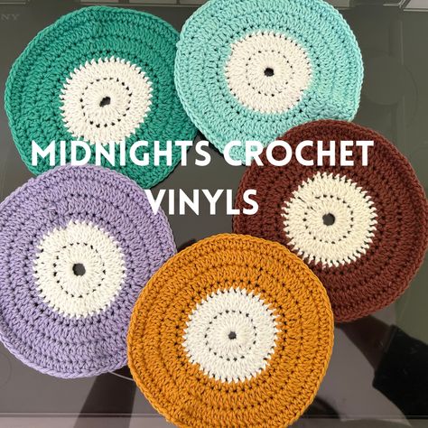 Handmade Taylor Swift crochet vinyls!!! Perfect for use as a coaster or a collectible for vinyl collectors. Handmade in London, by a small business. Perfect for the music lover in your life. #crochet #crochetvinyl #crochetsmallbusiness #crochetmusic #vinylcollector #recordcollectors #crochetgifts #customvinyl #crochetpresent #taylorswift #taylorswiftvinyls #taylorswiftcrochet #taylorswiftmusic #taylorswiftrecords #midnights #folklore #evermore Taylor Swift Crochet Pattern Free, Taylor Swift Crochet Ideas, Taylor Swift Crochet, Crochet Music, Midnights Taylor Swift, Midnights Taylor, Folklore Evermore, Vinyl Collectors, Taylor Swift Music