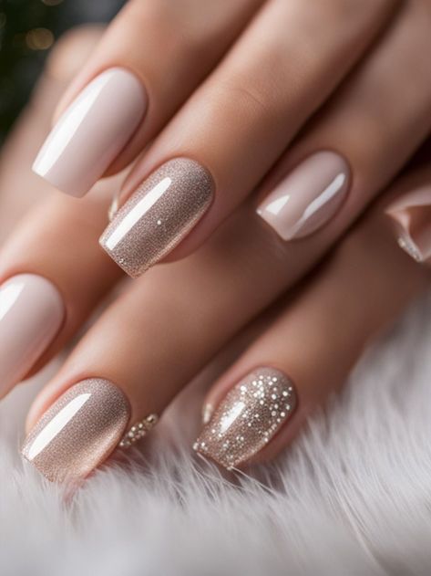 Nails For Festive Season, Cream Holiday Nails, French Festive Nails, New Years Neutral Nails, Nude Nails Christmas Design, Holiday Elegant Nails, Festive Nails New Years, Festive Nail Designs Sparkle, Christmas Nails Champagne