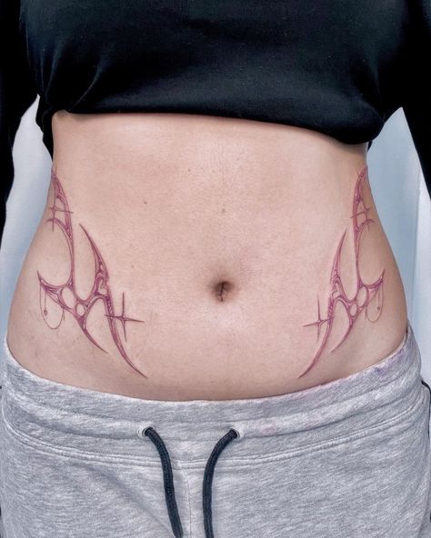 Interesting modern tattoo style trend Back To Stomach Tattoos, Sigil Hip Tattoo, Heart Cybersigil Tattoo, Cybersigilism Hip Tattoo, Cybersigilism Tattoo Stomach, Cyberpunk Spine Tattoo, Cybersigilism Heart Tattoo, Y2k Tattoo Ideas Arm, Hand Tattoos Y2k