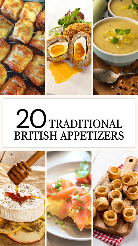 20 Traditional British Appetizers British Starters Food Recipes, English Pub Food Recipes, British Appetizers Parties, Starter Recipes Appetizers, British Pub Food Recipes, New England Appetizers, British Tea Food, British Canapes, British Lunch Ideas