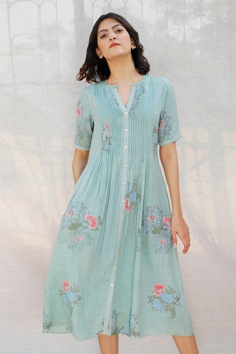 Shop for Arcvsh by Pallavi Singh Blue Printed Linen Dress for Women Online at Aza Fashions Desi Wear, Pleated Dress Indian, Mint Blue Dress, Cotton Dress Pattern, Linen Slip Dress, Chiffon Frocks, Cotton Frocks, Frock For Women, Frocks Designs