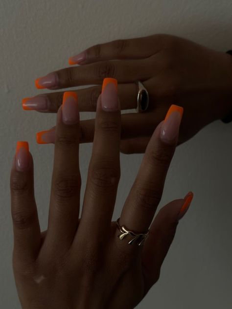 Orange French Tip Square Shaped Nails | Orange Nail Inspo | Square Nails | long nails Orange Nail French Tips, Orange Nails With French Tip, Orange Nails Acrylic Prom, Cute Short Nails Orange, Square French Tip Color, French Nails With Colored Tips, Nails Acrylic Neon Orange, Nail Inspo For Spring Break, Summer Square French Tip Nails