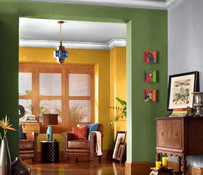 Creating flow is about keeping the color scheme consistent Mexico, Maximalist Paint Colors, Bright Green Walls, Home Colour Design, Colour Combinations Interior, Yellow Color Scheme, Colored Walls, Color Combinations Home, Bold Paint Colors