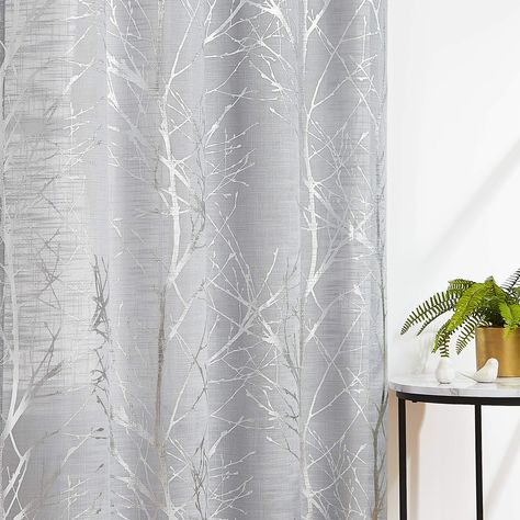 PRICES MAY VARY. READY MADE CURTAINS: Sold in pair, 50" w x 63" /panel, 100" w x 63" /pair, gold branch on white curtains. Recommend ordering 2 to 3 times rod width for proper look and fullness NATURAL INSPIRED PATTERN: Metallic silver tree branch print on grey background open weave linen Semi Sheer inspires a modern aesthetic twist with the bold and dramatic natural painting pattern. These print curtains will certainly upgrade your home décor at no cost, perfect for living room, bedroom, family room, dining room, kitchen, farmhouse, studio, Kids Room. DRAPE IN SHAPE: These thick and heavy-duty semi-sheer curtains give the panel a nice drop and a luxurious textured Look. Besides, our curtain is ecofriendly and safe to people with the new print technology. GROMMET TOP CURTAINS: 8 silver gre Panels Bedroom, Semi Sheer Curtains, Bedroom Linen, Foil Curtain, Silver Bedroom, Curtain Texture, Sheer Drapes, Bedroom Panel, Grey Curtains