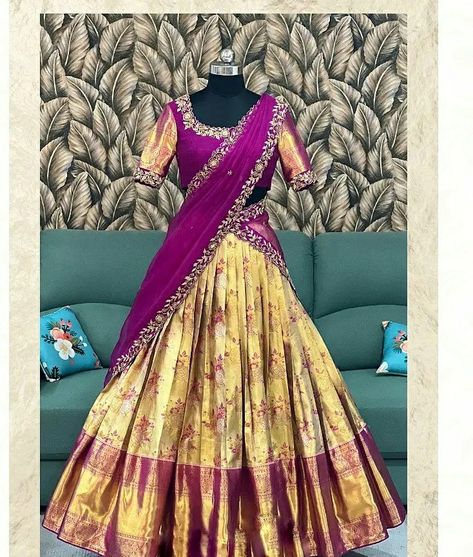 Simple Maggam Work Blouse Designs For Half Saree, Pattu Lehanga Voni Designs Latest, Lehenga With Pattu Saree, Boat Neck Blouse Designs For Half Saree, Leganha Designs Pattu, Half Saree Blouses Designs, Kanchipattu Half Sarees, Half Saree Blouse Ideas, Latest Pattu Lehangas