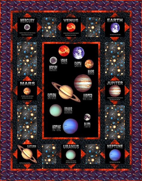 Free Pattern – Cosmic Space Planets Quilt, Fun Quilts, Space Quilt, Cosmic Space, Panel Ideas, Panel Quilt Patterns, Horse Quilt, Galaxy Planets, Space Fabric